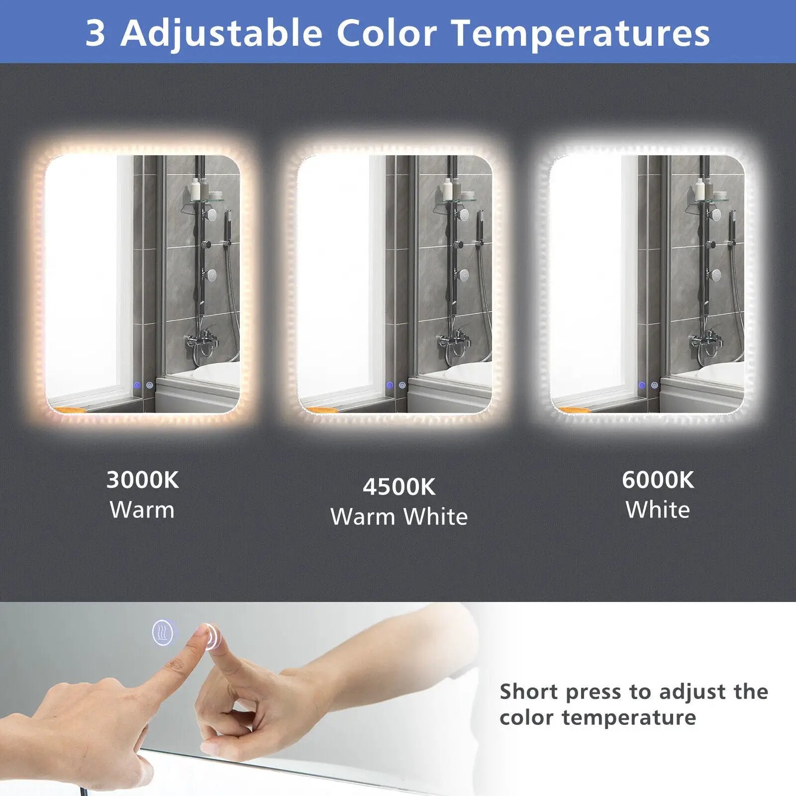 32 x 24 Inch Shatterproof Wall Mirror with 3-Color Lights and Anti-Fog Function by DirectDeals