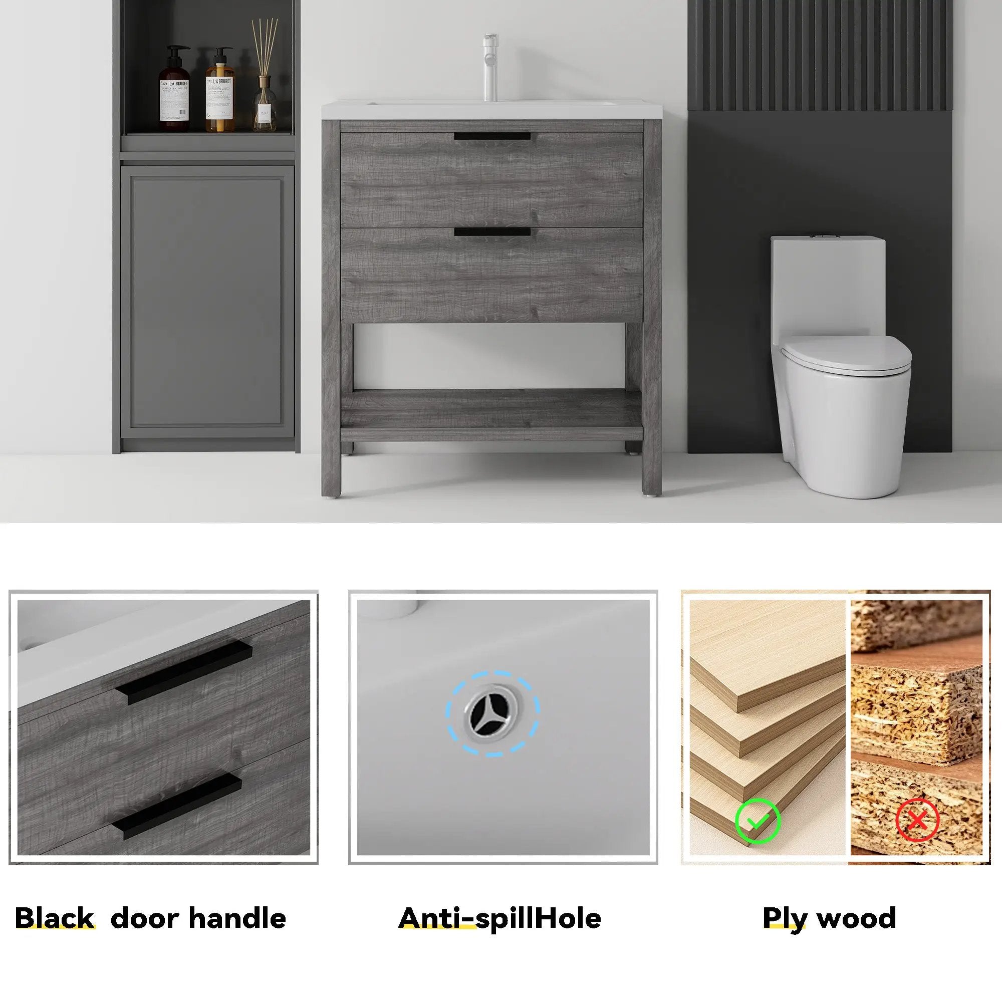 36 Inch Freestanding Bathroom Vanity with Sink, Soft-Close Drawer, Ceramic Sink, Plywood by HouseOfZazla