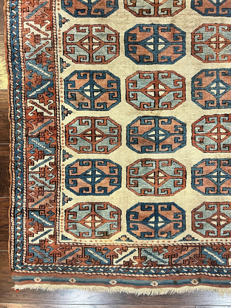 Turkish Kazak Rug 3x4, Wool Hand Knotted Handmade Vintage Carpet, Geometric Tribal Repeated Motif, Small 3 x 4 Antique Rug, Cream Red by Jewel Rugs