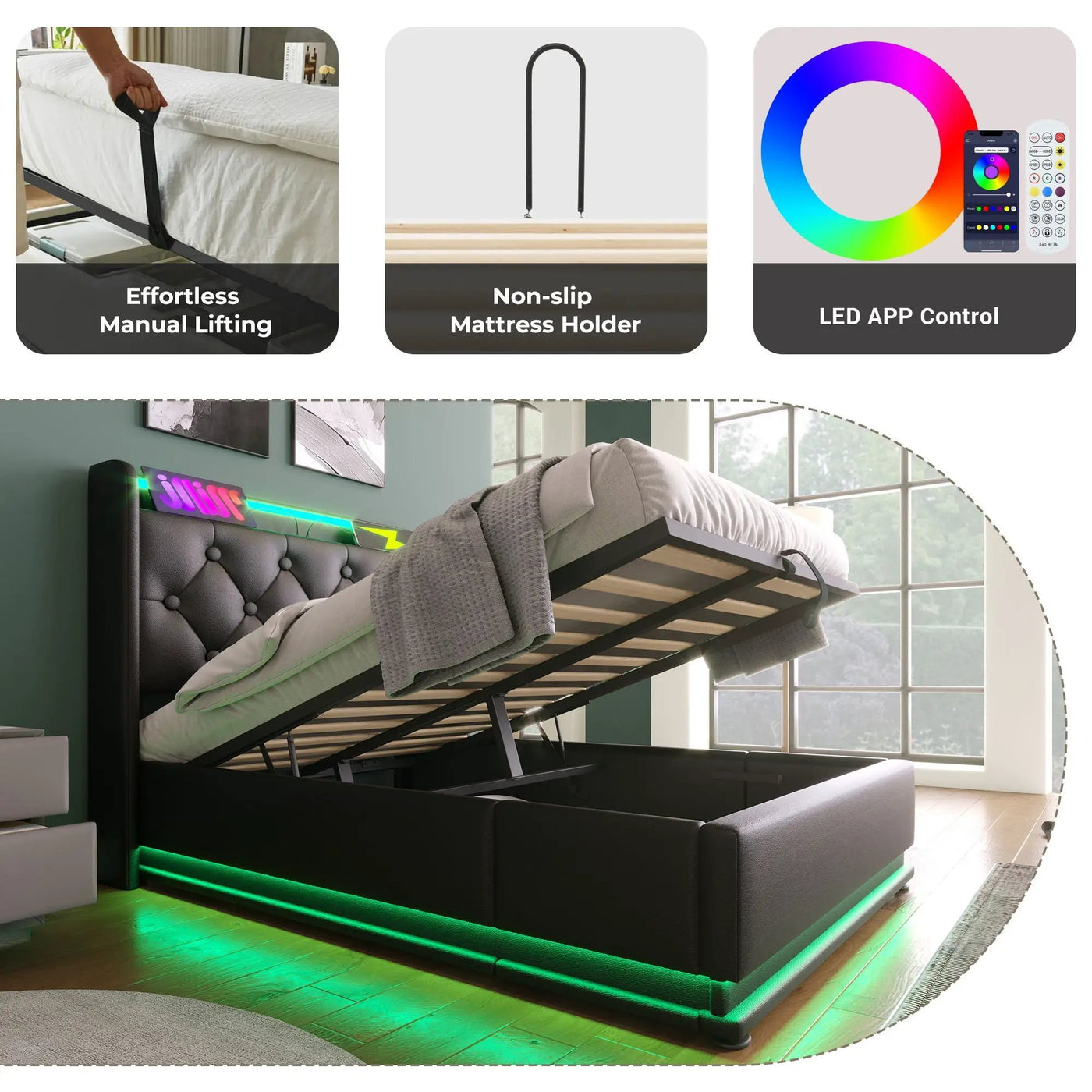 Upholstered Bed, 360 Surround LED Function, Remote Control, Hydraulic Storage Bed With USB, Type-C Charging (Without Mattress) by Unique Piece Furniture