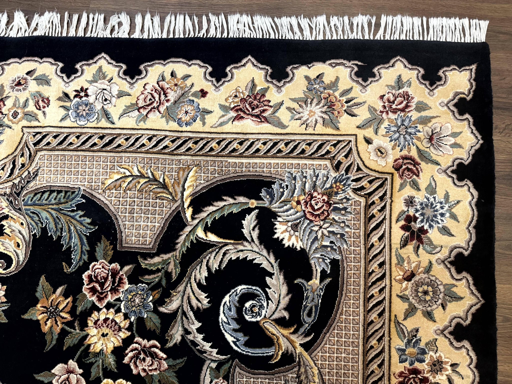 Aubusson Rug 9x12, Black and Beige, Floral, Elegant Handmade French European Design Carpet by Jewel Rugs