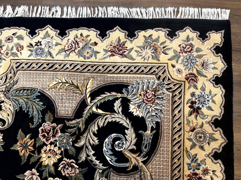 Aubusson Rug 9x12, Black and Beige, Floral, Elegant Handmade French European Design Carpet by Jewel Rugs