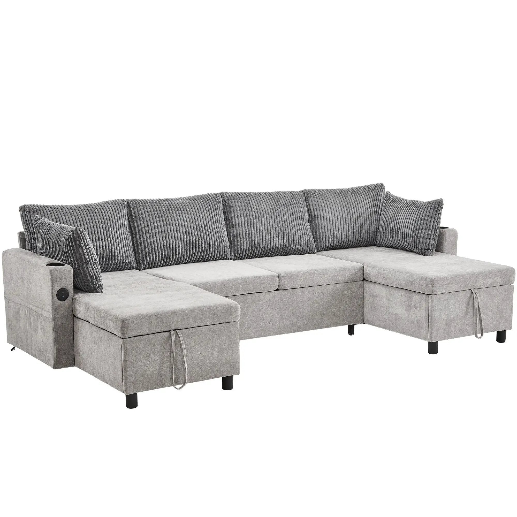 Sectional Sofa Bed With Pull Out Sleeper, USB Ports, Cup Holders by HouseOfZazla