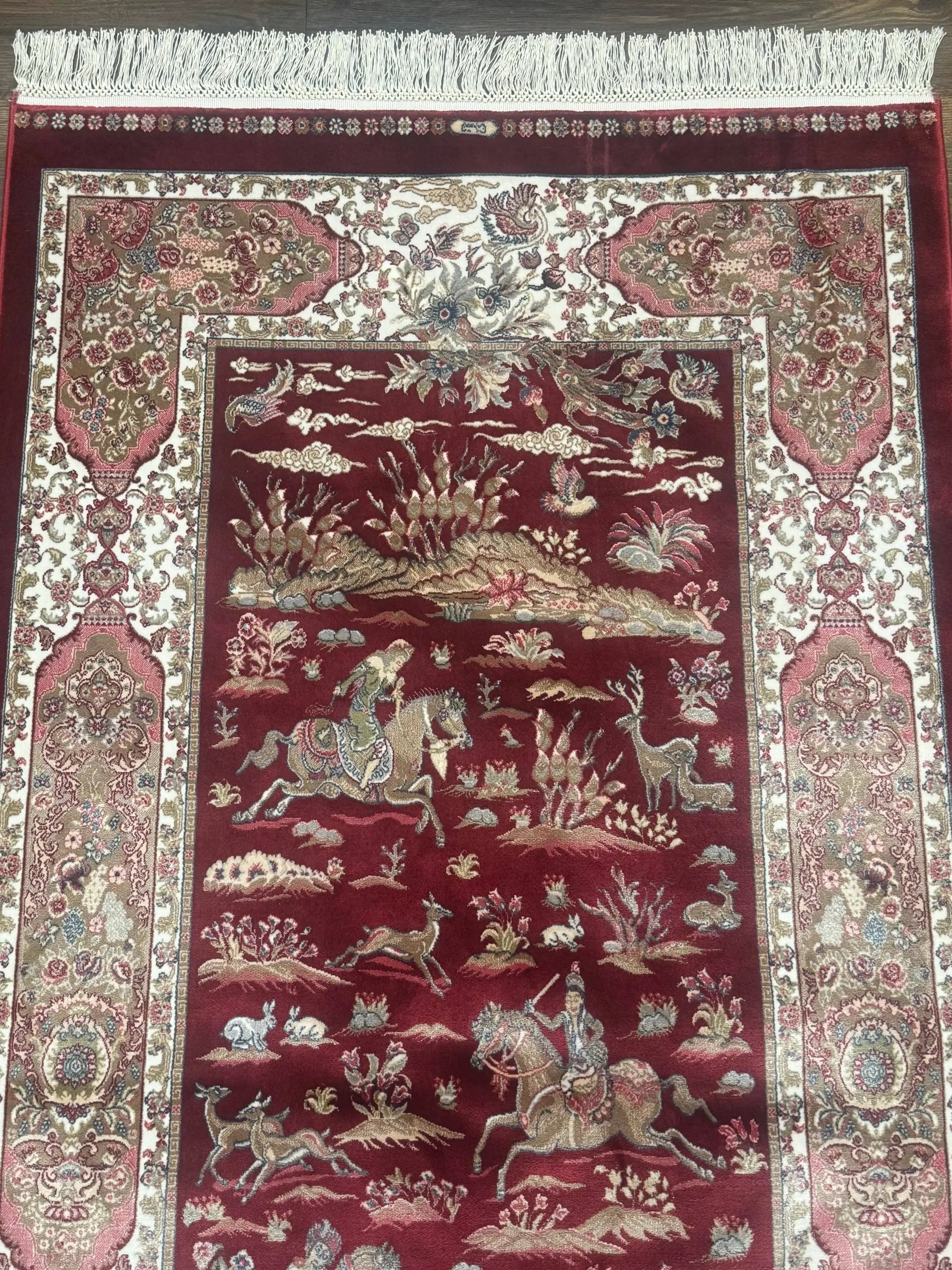 Turkish Silk Rug 3x5, Hunting Design, Dark Red & Ivory, Bamboo Silk, New by Jewel Rugs