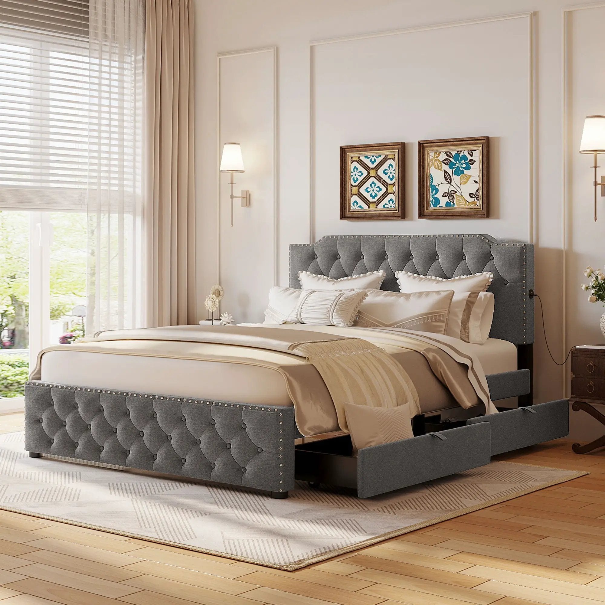 Upholstered Platform Bed With 2 Drawers And 2 Sets Of USB Ports On Each Side, Fabric by HouseOfZazla