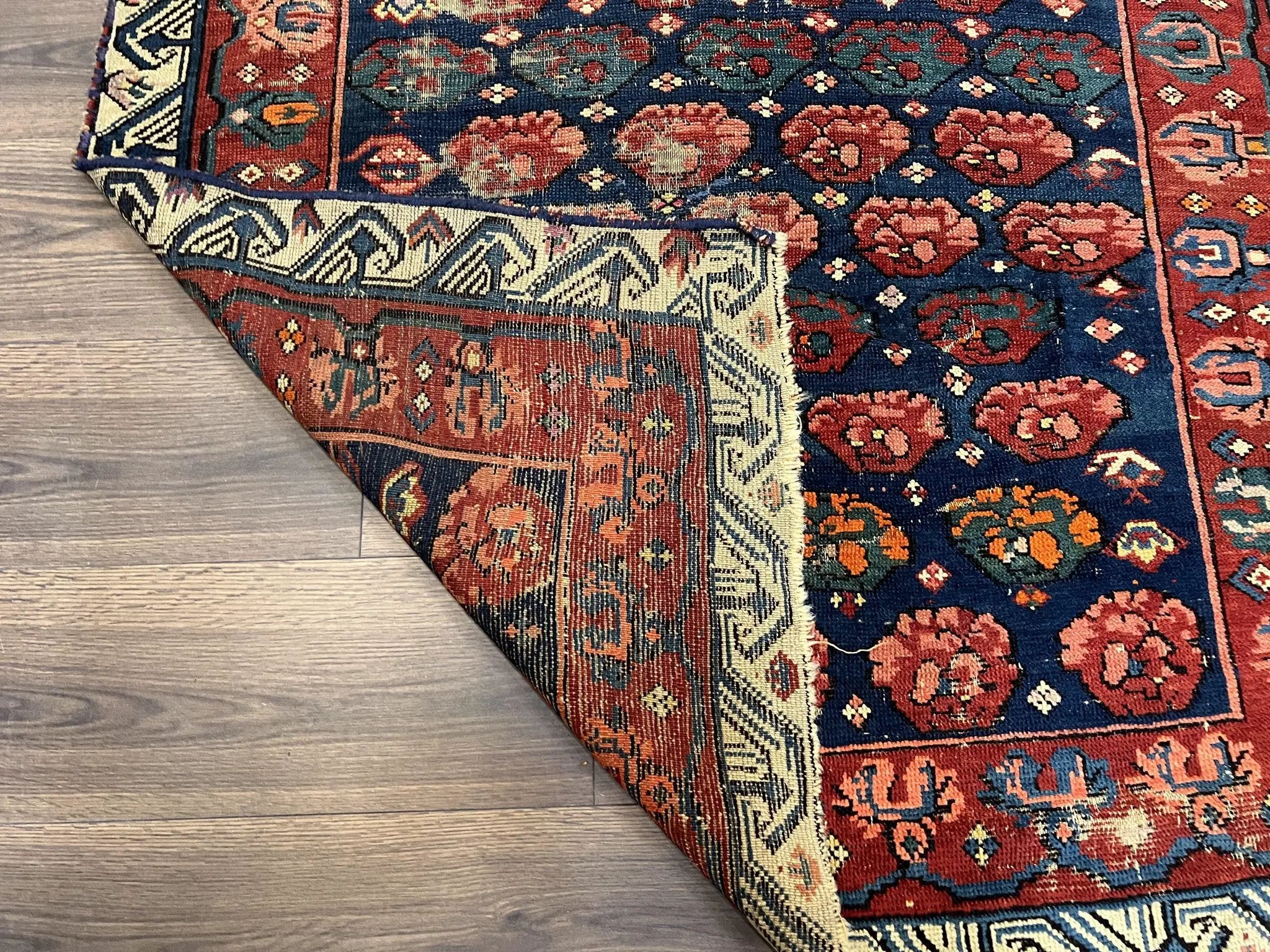Antique Seychour Rug 4x7, Collectible Kuba Caucasian Carpet, Wool Handmade, Red Navy Blue Cream, Repeated Allover Motif, Early 20th Century by Jewel Rugs