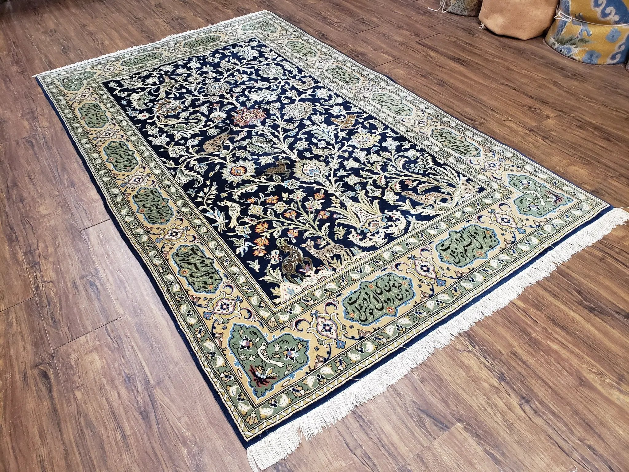 Semi Antique Persian Qum Tree of Life Rug, Hand-Knotted, Wool, Midnight Blue and Tan, Animal Pictorials, Written Poem in Borders, 4' 8" x 7' 8" by Jewel Rugs