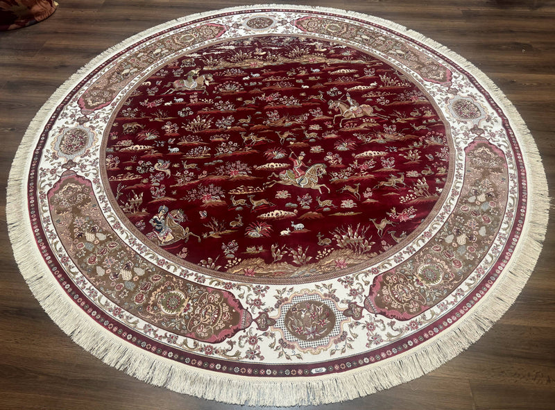 Large Round Turkish Silk Rug 8x8, Hunting Design, Dark Red & Ivory, Bamboo Silk by Jewel Rugs