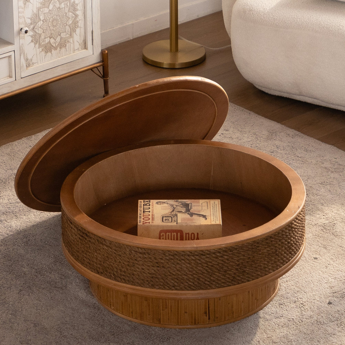 31.5" Round Retro Coffee Table With Flip-top Cover - Hemp Rope + Rattan,Featuring a Vintage, photo 5 of 10