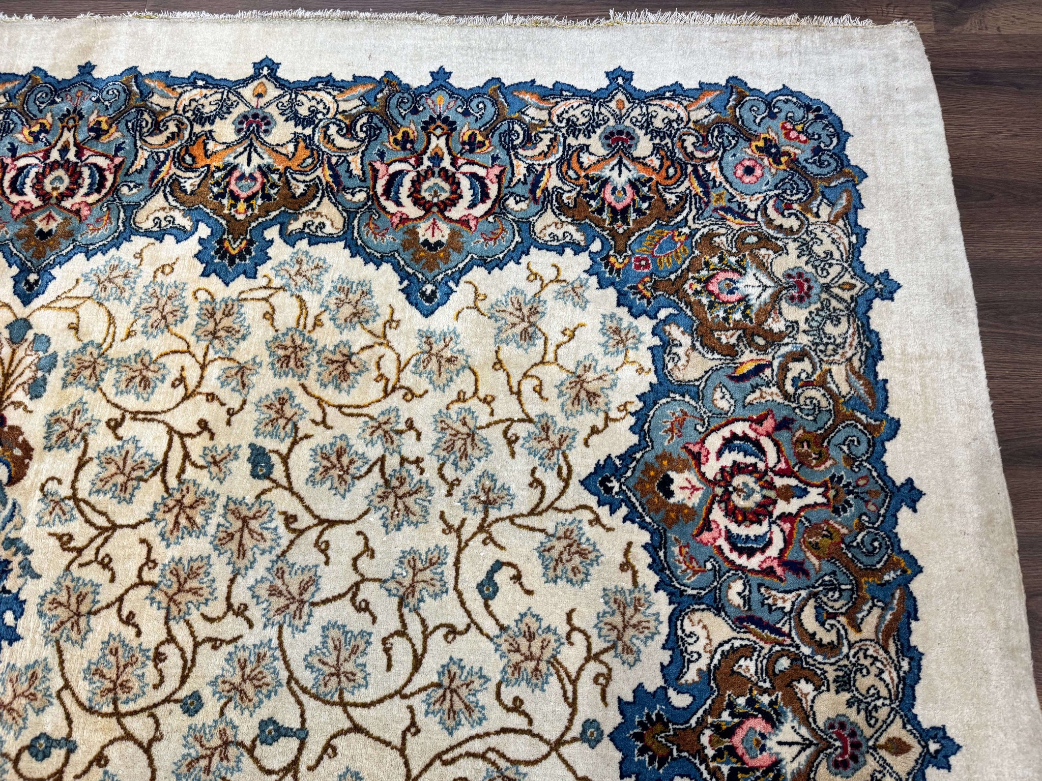 Persian Kashan Rug 9 x 12.6, Ivory and Blue, Floral Medallion, Wool Hand Knotted Semi Antique Carpet by Jewel Rugs