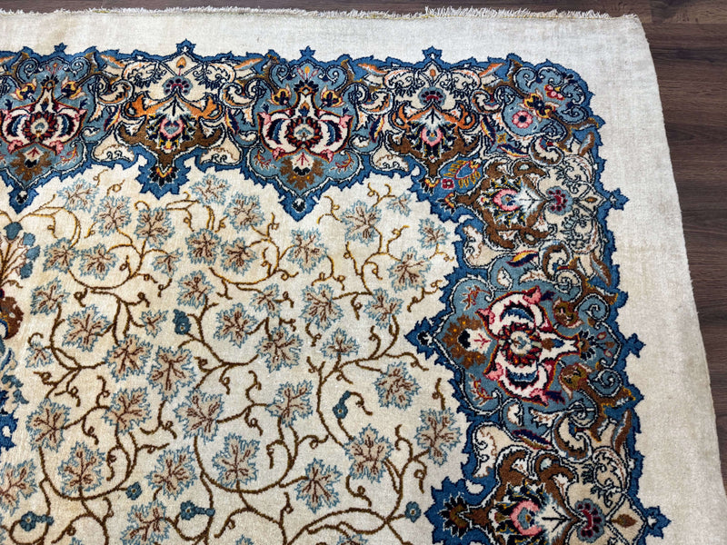 Persian Kashan Rug 9 x 12.6, Ivory and Blue, Floral Medallion, Wool Hand Knotted Semi Antique Carpet by Jewel Rugs