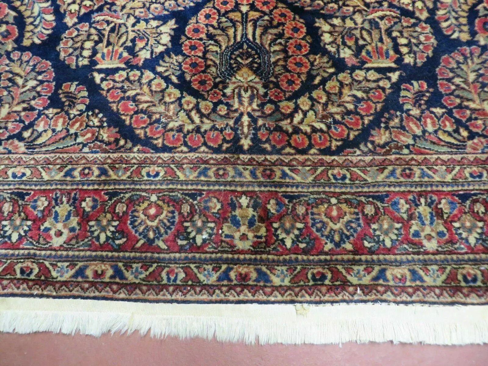 Antique Persian Sarouk Rug 4x6, Hand Knotted 1920s Oriental Carpet 4 x 6 ft, Navy Blue and Red Wool Rug, Handmade Floral Allover Persian Area Rug by Jewel Rugs