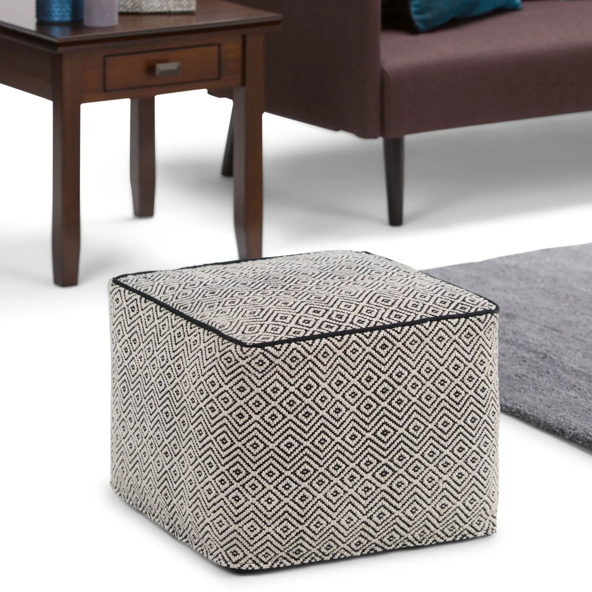 Brynn - Square Pouf - Patterned Black / Natural by HouseOfZazla