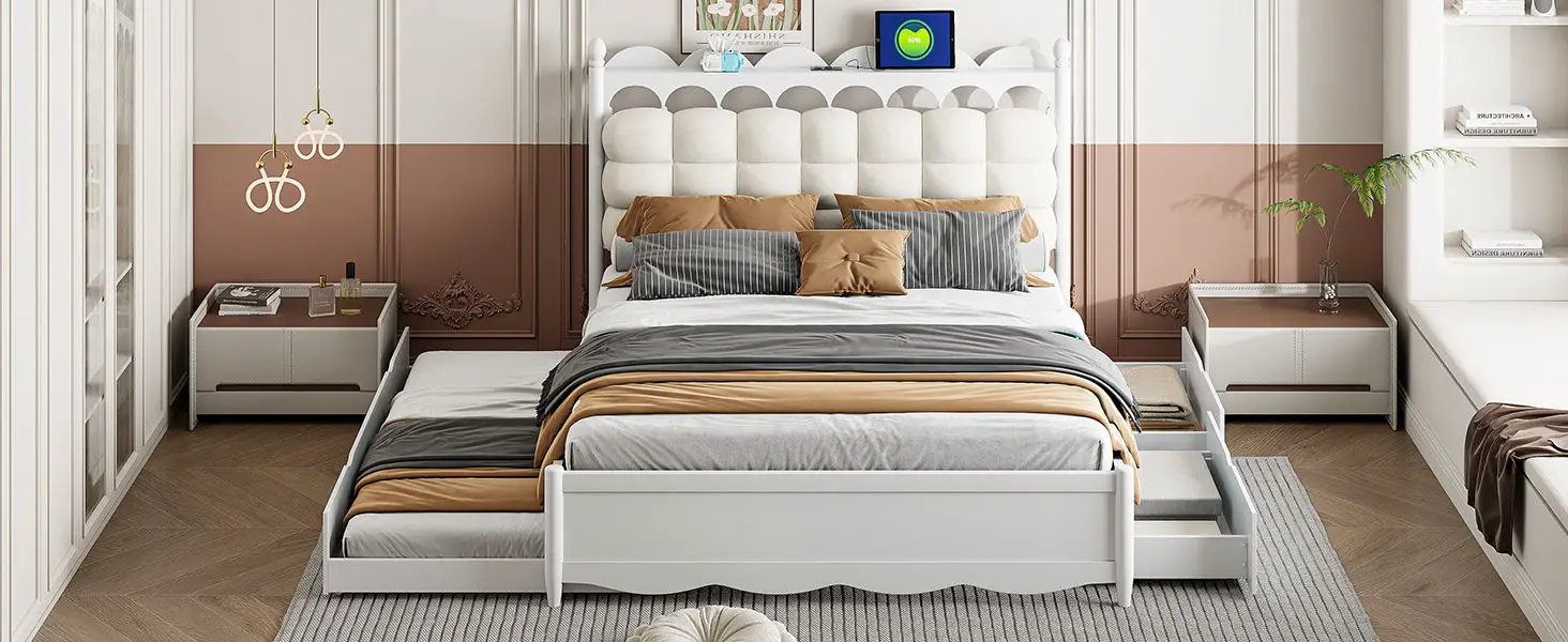 Storage Platform Bed, With 2 Big Drawers, Trundle, One Set Of Sockets & USB Ports by HouseOfZazla