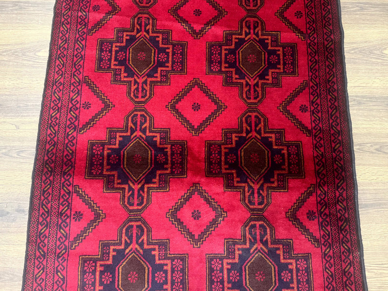 Afghan Rug 4x7, Tribal Carpet, Balouch Rug, Red and Navy Blue, Repeated Medallions, New by Jewel Rugs