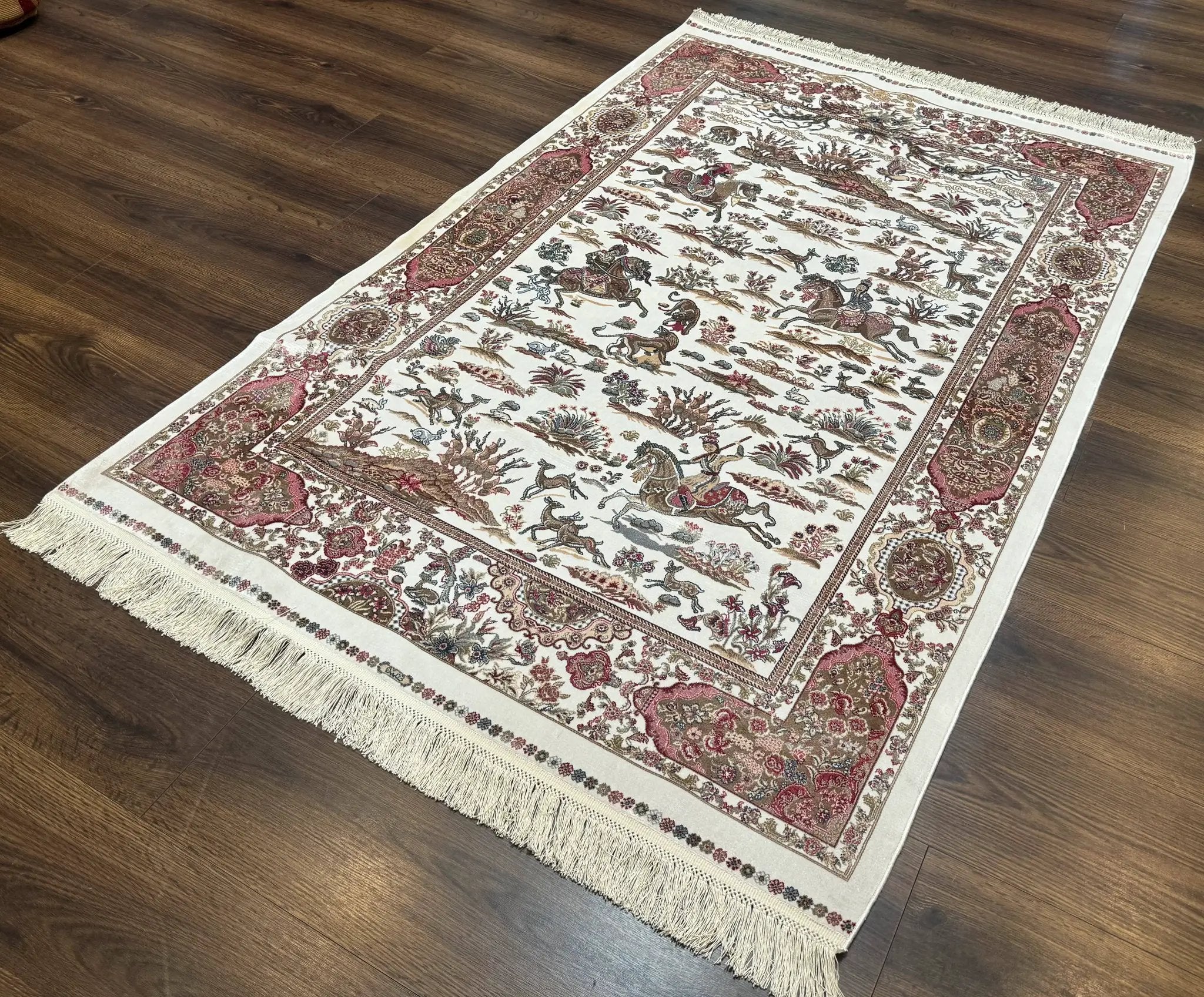 Turkish Silk Hunting Scene Rug 4x6, Ivory, Bamboo Silk, New by Jewel Rugs