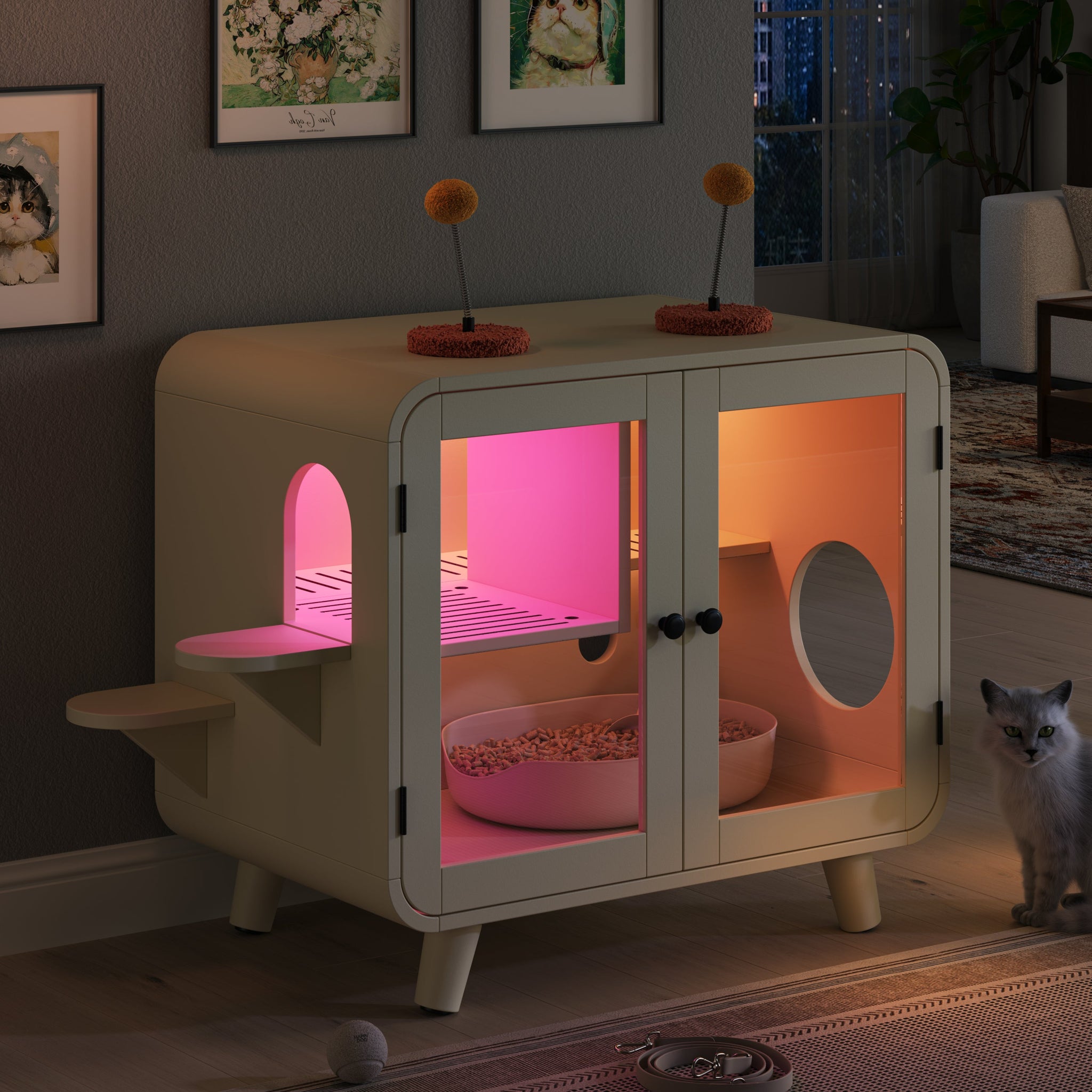 Cat Hidden Litter Box Enclosure with RGB LED Light and Glass Doors by HouseOfZazla