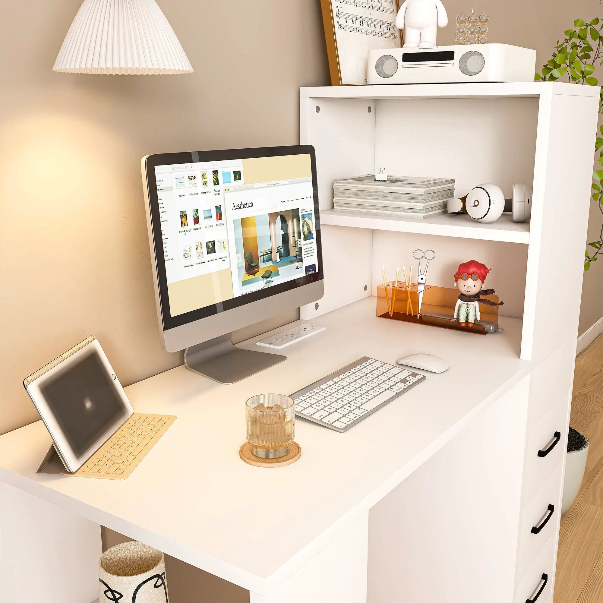 White Computer Desk with 4-in-1 Socket and Storage Options by HouseOfZazla