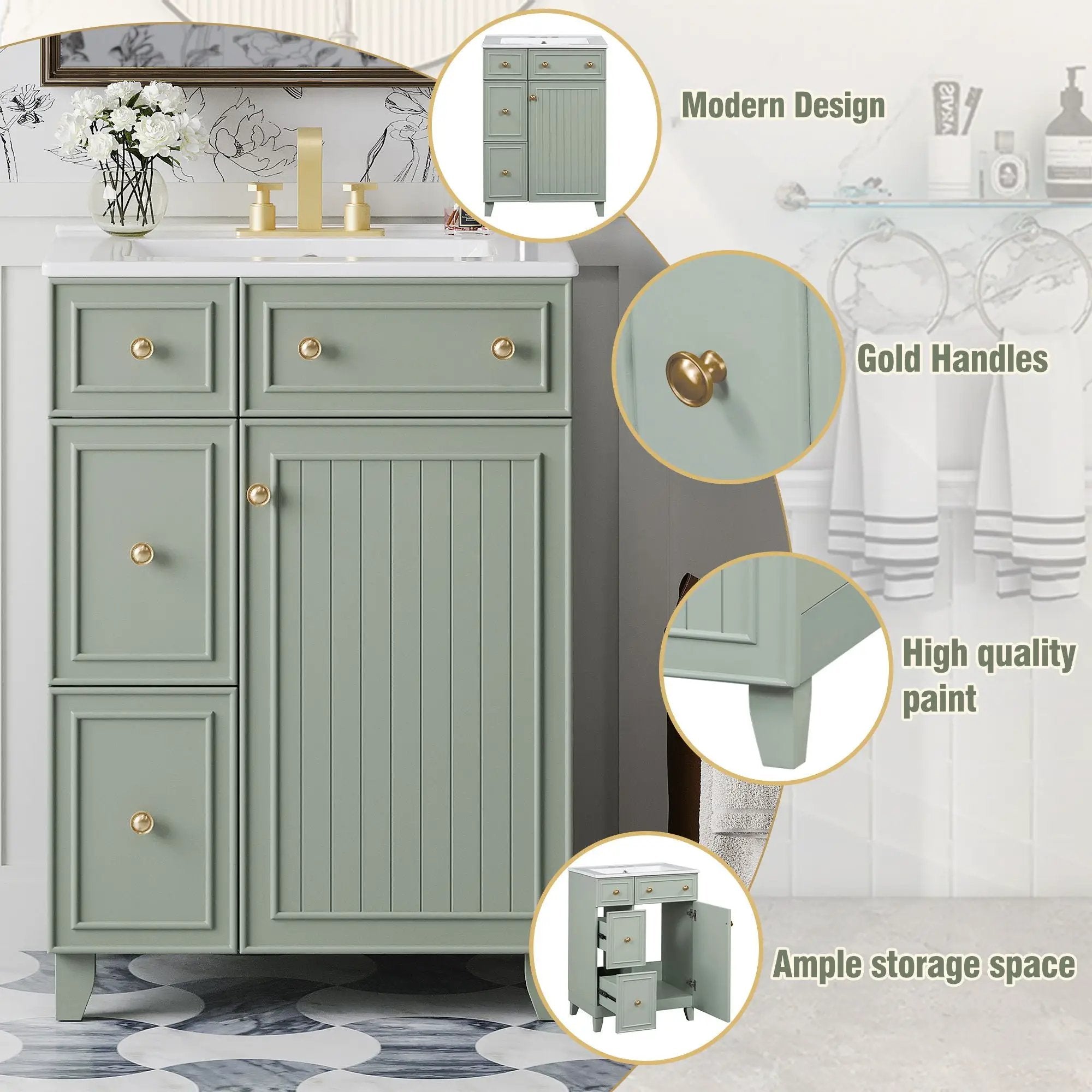 Transitional Style Bathroom Vanity Cabinet With Ceramic Sink by Unique Piece Furniture