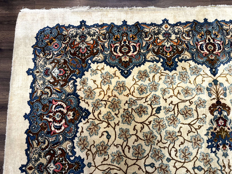 Persian Kashan Rug 9 x 12.6, Ivory and Blue, Floral Medallion, Wool Hand Knotted Semi Antique Carpet by Jewel Rugs