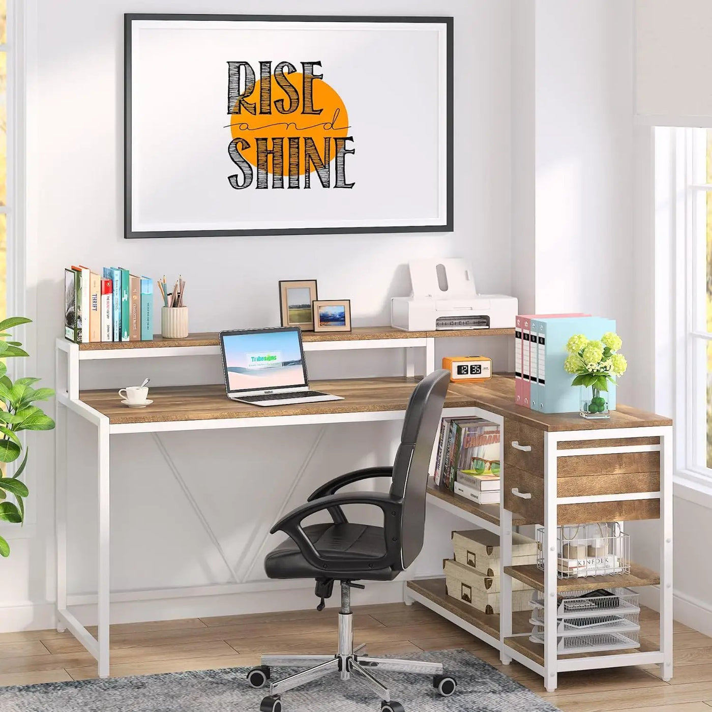 L-Shaped Home Office Desk With Monitor Riser, Drawers, And Storage Shelves by HouseOfZazla