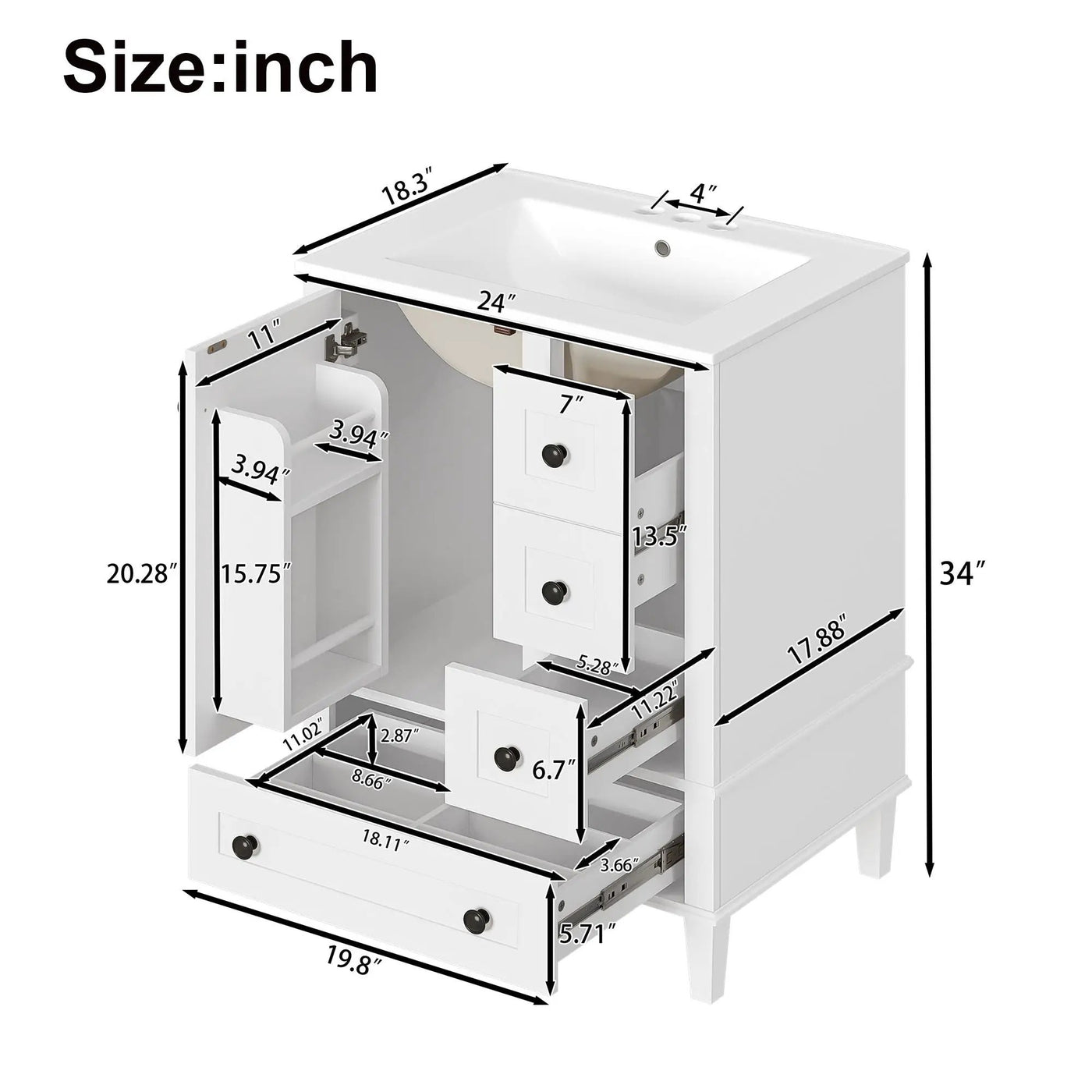 Bathroom Vanity With Integrated Basin, Soft Close Drawers, Door Mounted Double Layer Shelf by HouseOfZazla
