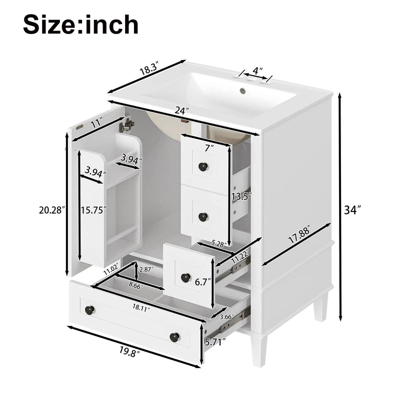 Bathroom Vanity With Integrated Basin, Soft Close Drawers, Door Mounted Double Layer Shelf by Unique Piece Furniture