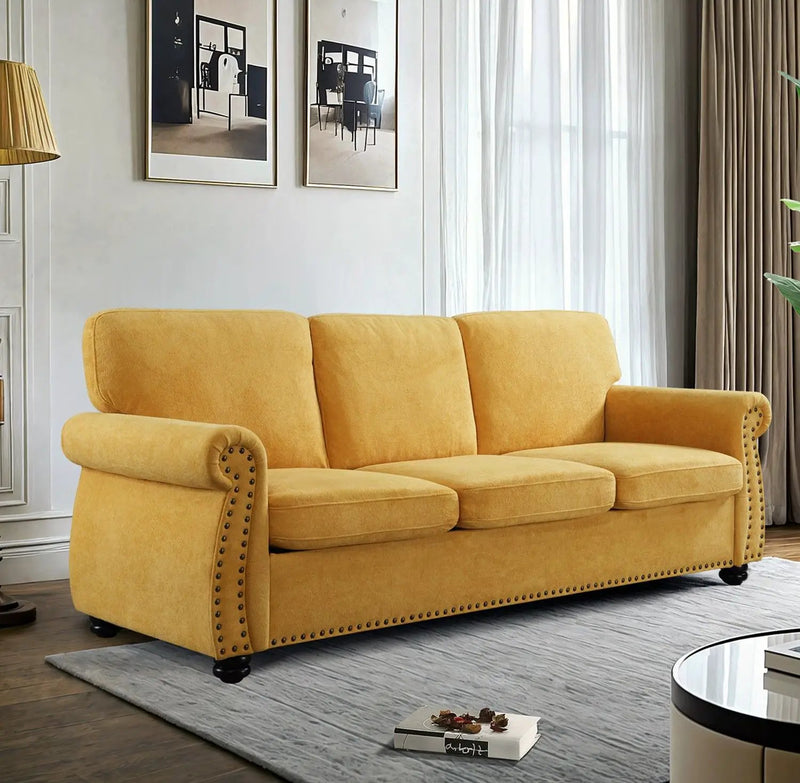 Soft Sofa, Upholstered 3 Seater Couch With High Density Foam, Loose Back Cushions And Turned Legs by HouseOfZazla