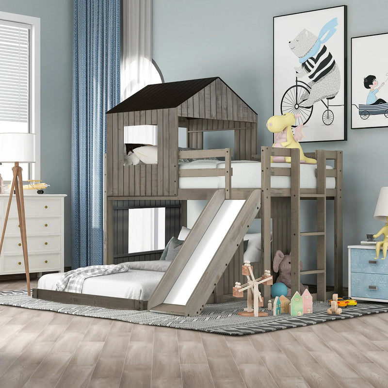 Loft Bunk Bed With Playhouse, Farmhouse, Ladder, Slide And Guardrails by Unique Piece Furniture