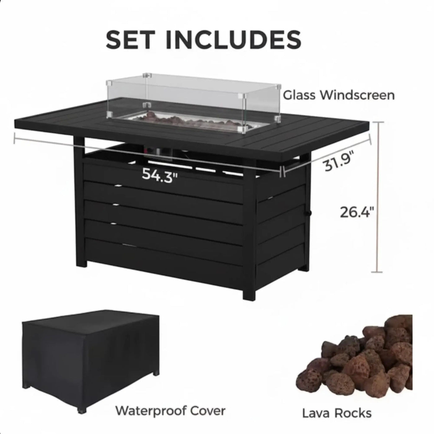 Rectangular Propane Fire Pit Table With Burner, Lava Rock, Waterproof Cover by HouseOfZazla