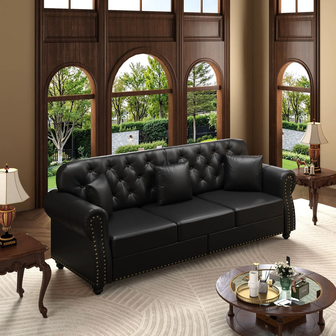 Upholstered Sofa With Nailhead Trim, Rolled Armrests With Ottoman by HouseOfZazla