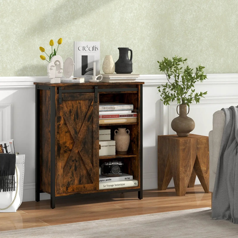 32 Inch Farmhouse Sideboard Buffet Cabinet with Sliding Barn Door and Adjustable Shelves-Rustic Brown by DirectDeals