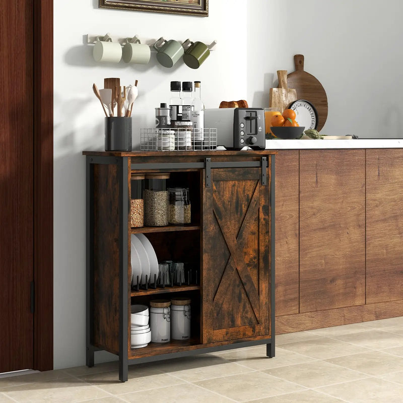 32 Inch Farmhouse Sideboard Buffet Cabinet with Sliding Barn Door and Adjustable Shelves-Rustic Brown by DirectDeals