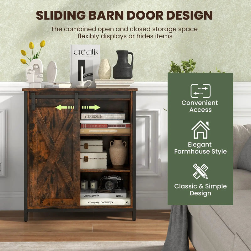 32 Inch Farmhouse Sideboard Buffet Cabinet with Sliding Barn Door and Adjustable Shelves-Rustic Brown by DirectDeals
