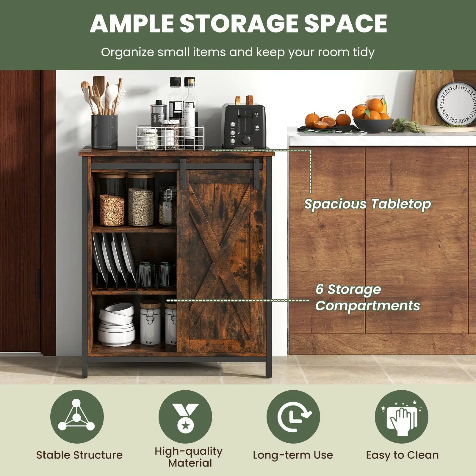 32 Inch Farmhouse Sideboard Buffet Cabinet with Sliding Barn Door and Adjustable Shelves-Rustic Brown by DirectDeals