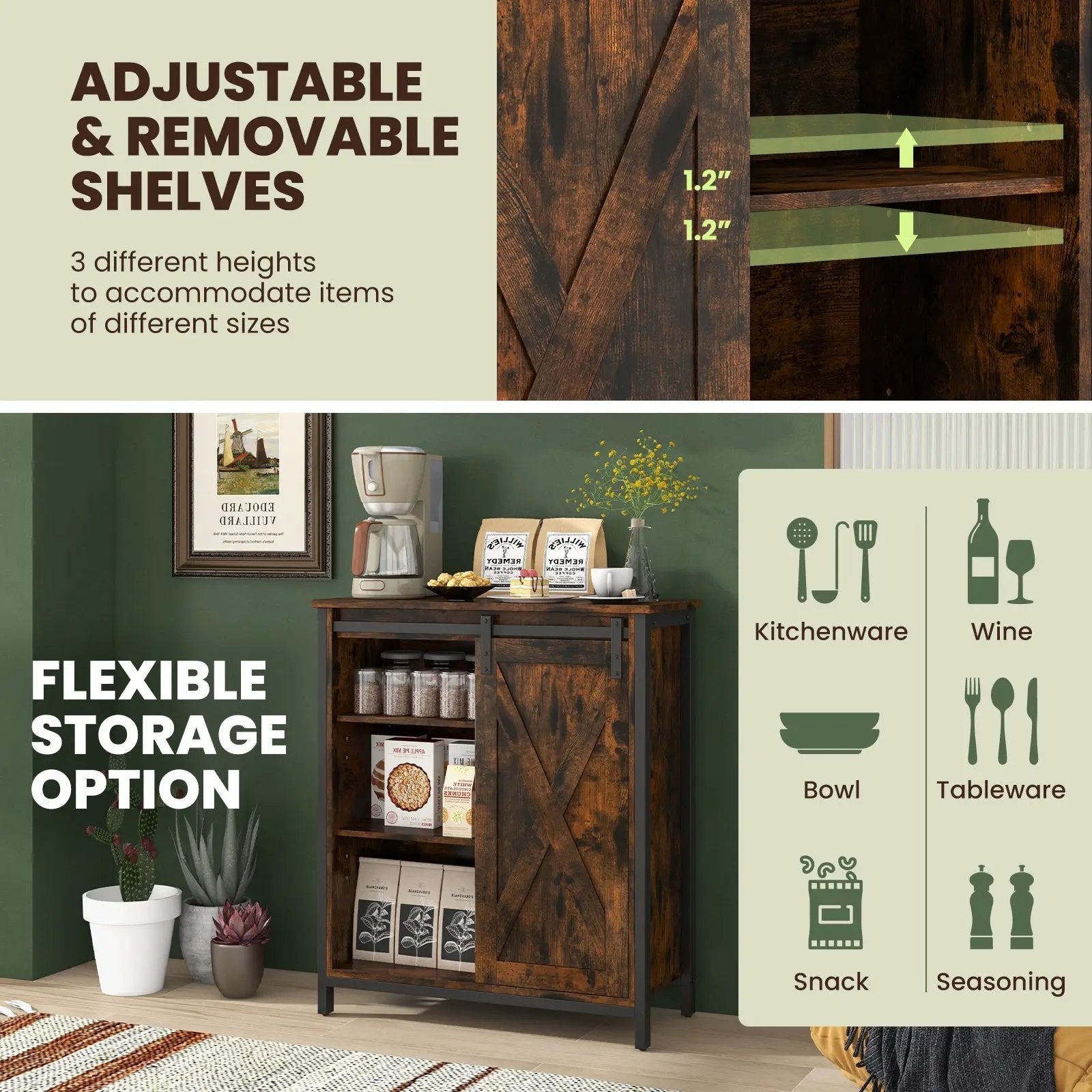 32 Inch Farmhouse Sideboard Buffet Cabinet with Sliding Barn Door and Adjustable Shelves-Rustic Brown by DirectDeals