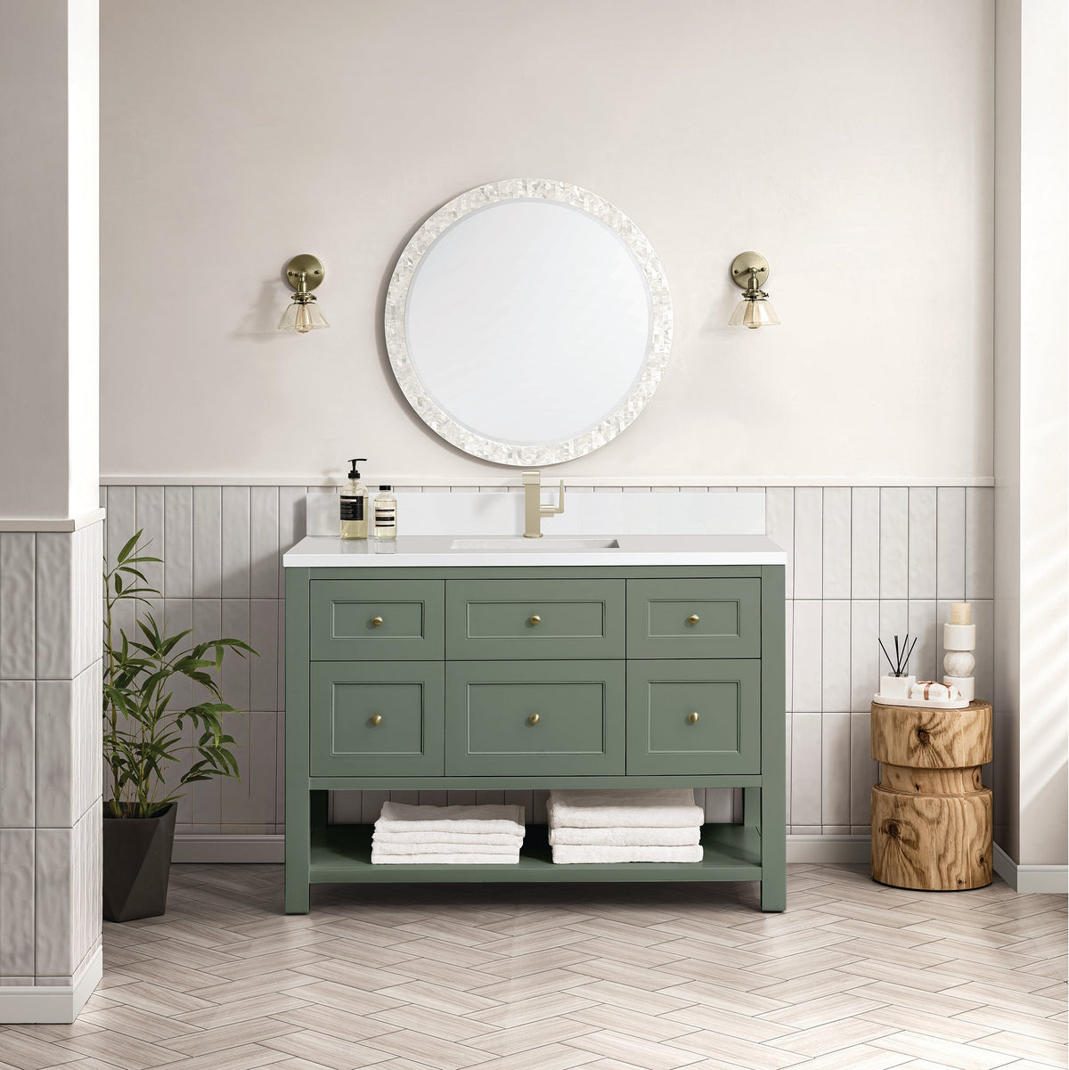 James Martin Breckenridge 48" Single Bathroom Vanity, Smokey Celadon with White Zeus (Single Hole, with Backsplash) countertop