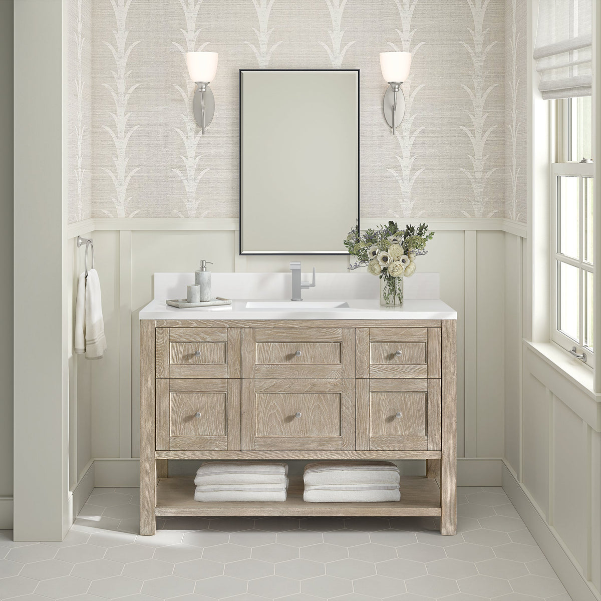 James Martin Breckenridge 48" Single Bathroom Vanity, Whitewashed Oak with White Zeus (Single Hole, with Backsplash) countertop