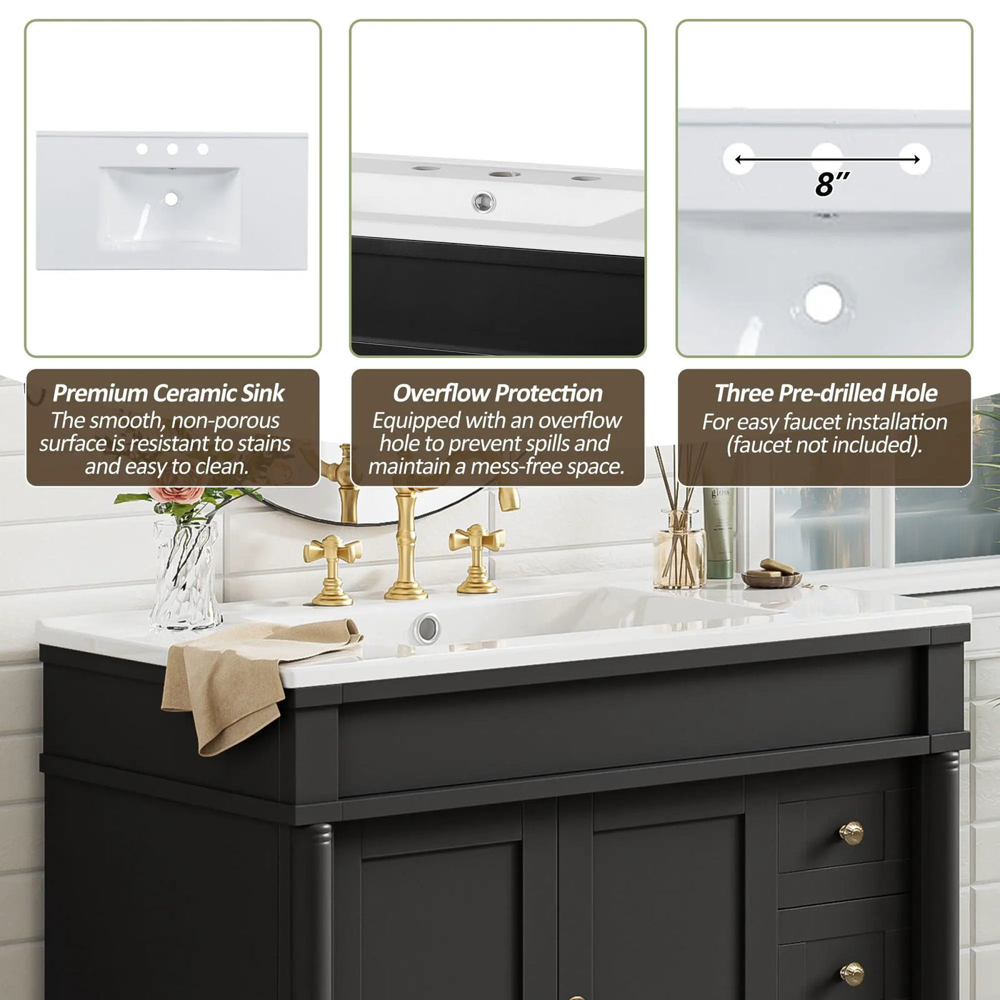 Bathroom Vanity With Ceramic Sink, 2 Doors 3 Drawers, Soft Close Design by Unique Piece Furniture
