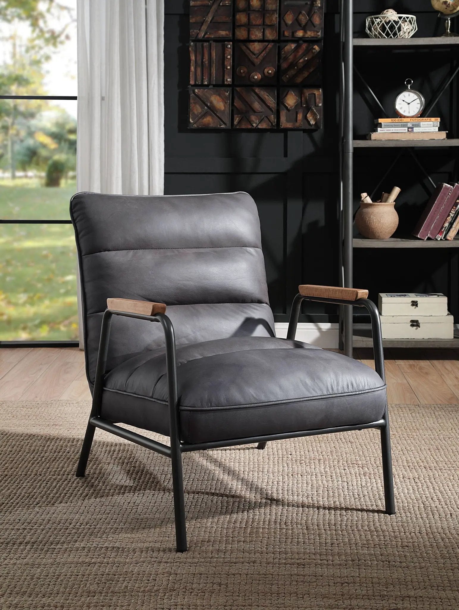 Nignu - Top Grain Leather Matt Iron Accent Chair - Gray by HouseOfZazla