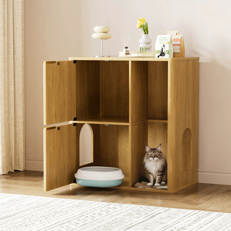 31.5-inch Light Wood Cat Litter Cabinet with Cat Tree by HouseOfZazla
