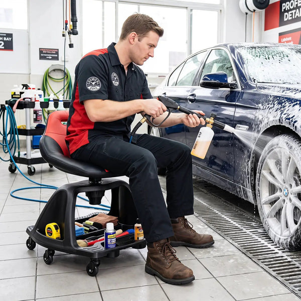 Rolling Mechanic Stool with Backrest and Tool Tray - 330 lbs
