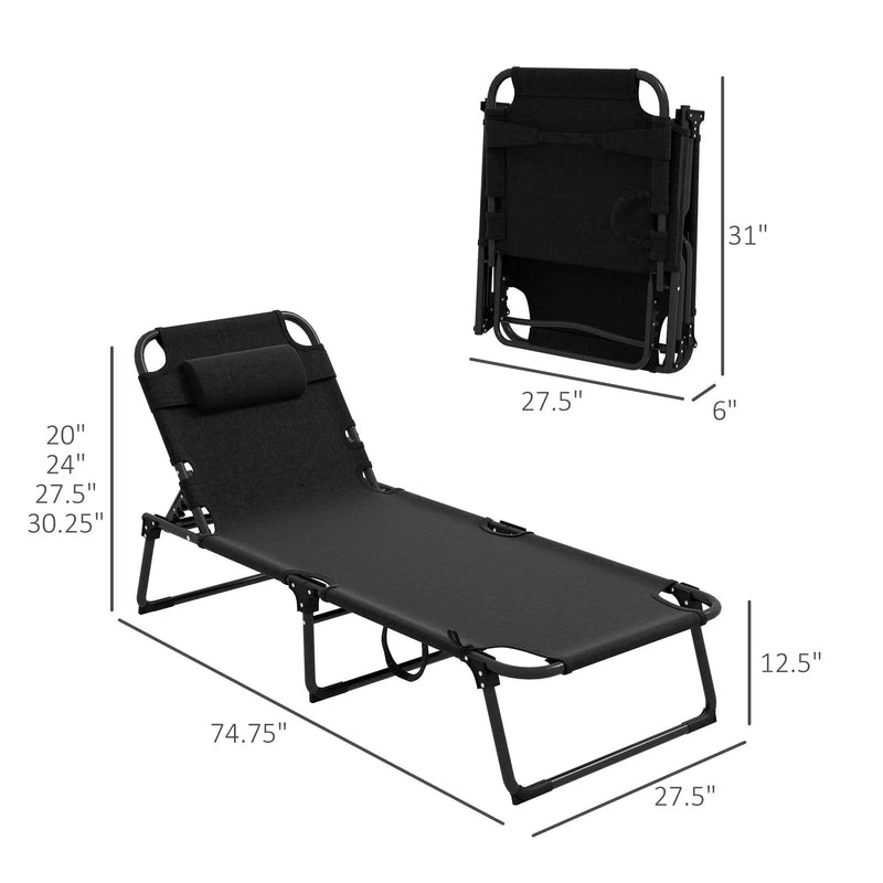 Outsunny - Outdoor Chaise, Adjustable Folding Chaise Lounge With 4-Position Backrest, Magazine Pocket, Removable Head Pillow, Sun Bathing Lounger Chair For Patio, Beach - Gray by HouseOfZazla