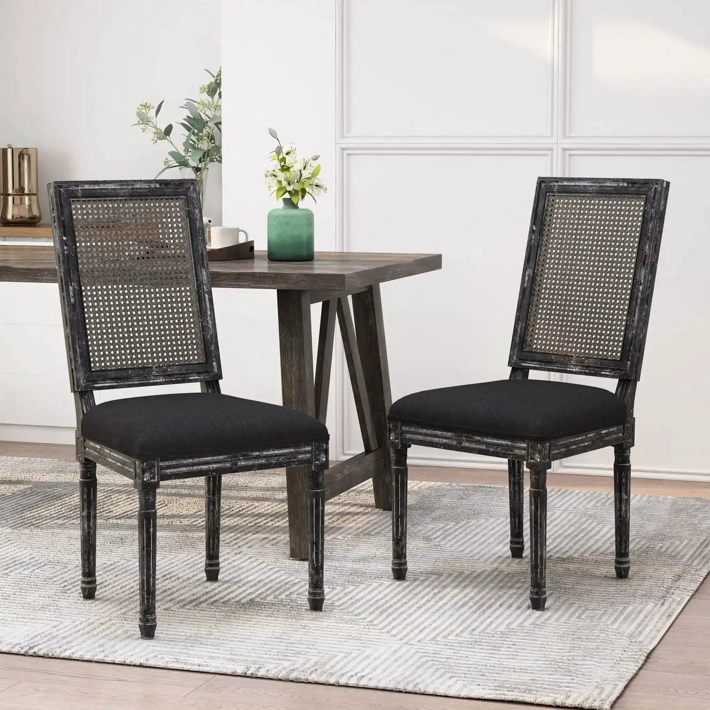 French Country Dining Chair With Rectangular Cane Backrest And Smooth Upholstered Seating by HouseOfZazla