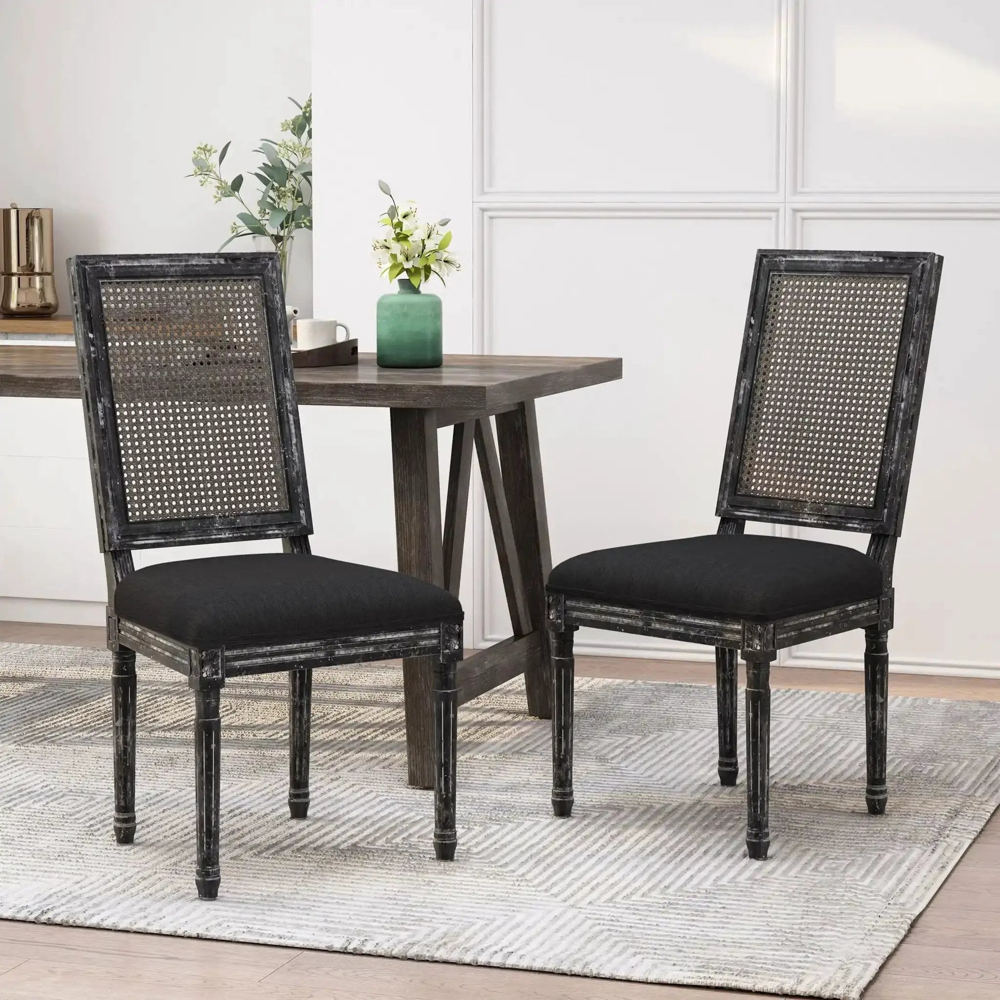 French Country Dining Chair With Rectangular Cane Backrest And Smooth Upholstered Seating by HouseOfZazla