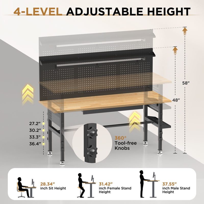Adjustable Height Workbench, Includes Drawers, Power Outlet, LED Light, Wheels Or Leveling Feet - Black by HouseOfZazla
