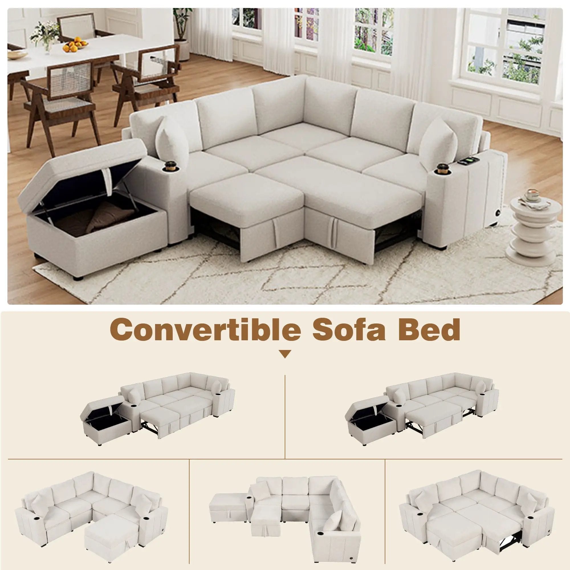 Sectional Sofa Convertible Pull-Out Sofa Bed With A Movable Storage Ottoman For Living Room by Unique Piece Furniture