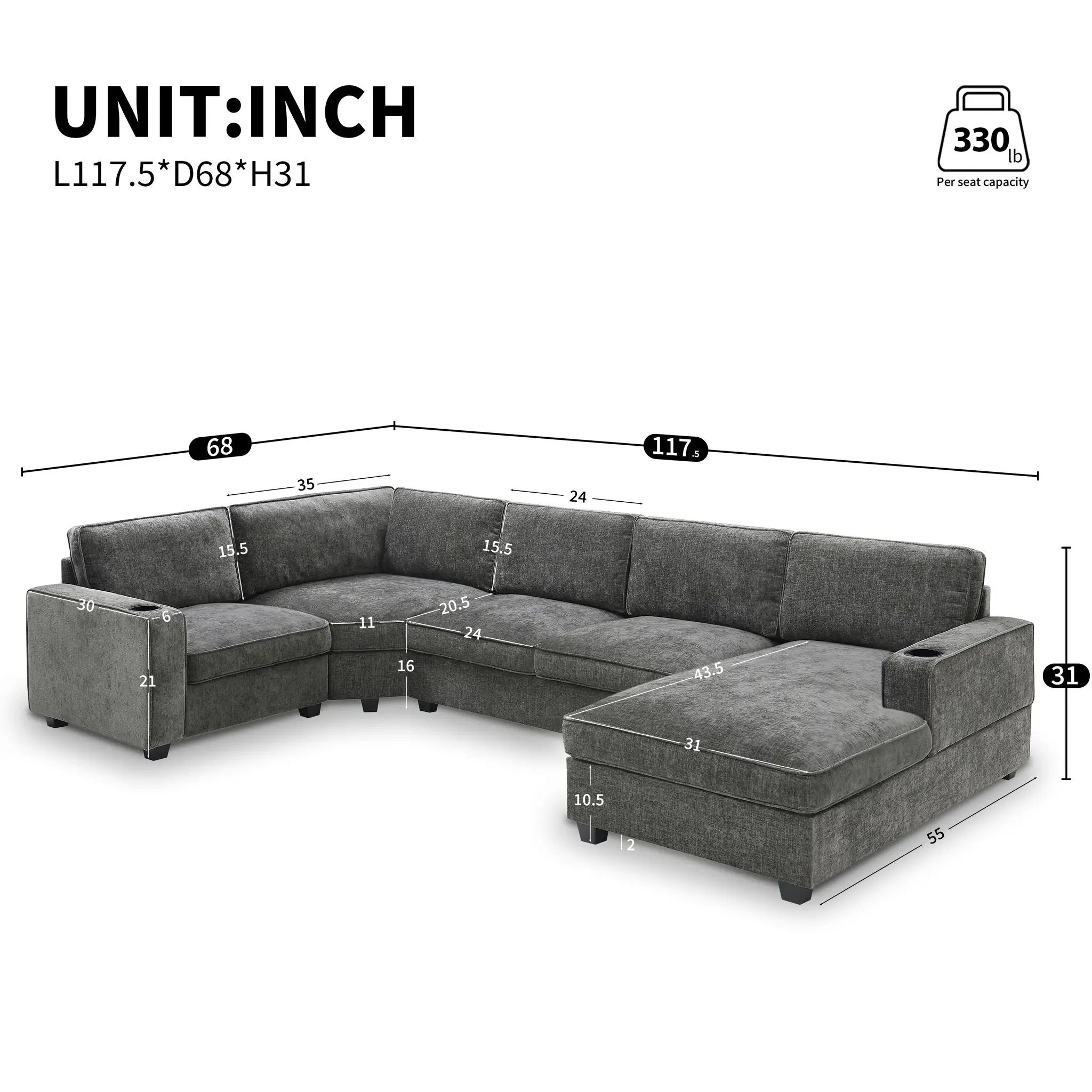 117.5" U-Shaped Sectional Sofa by HouseOfZazla