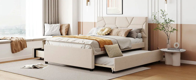 Upholstered Platform Bed With Brick Pattern Headboard And Twin Long Size Trundle by HouseOfZazla