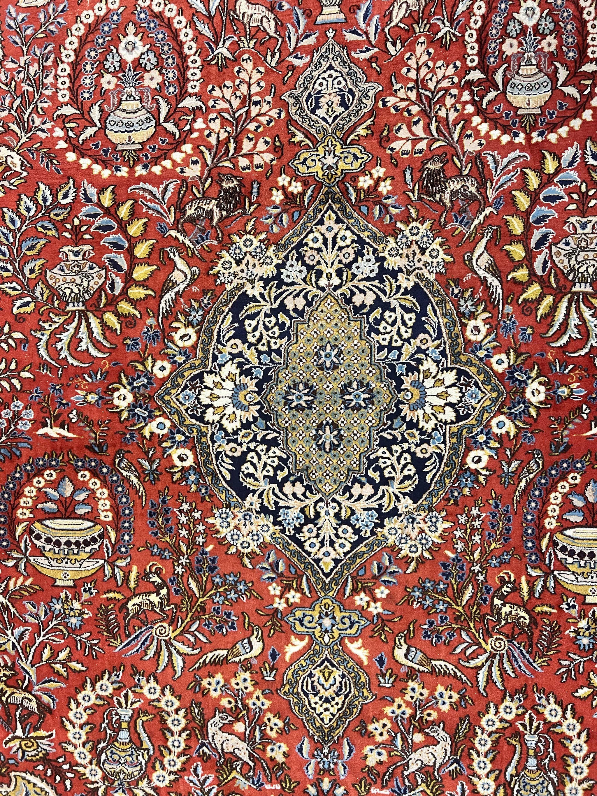 Wonderful Persian Qum Rug 10x14, Wool w/ Silk Highlights, Hand Knotted Semi Antique Vintage Carpet, Red, Floral, Fine Weave, Birds Deer Pictorials by Jewel Rugs
